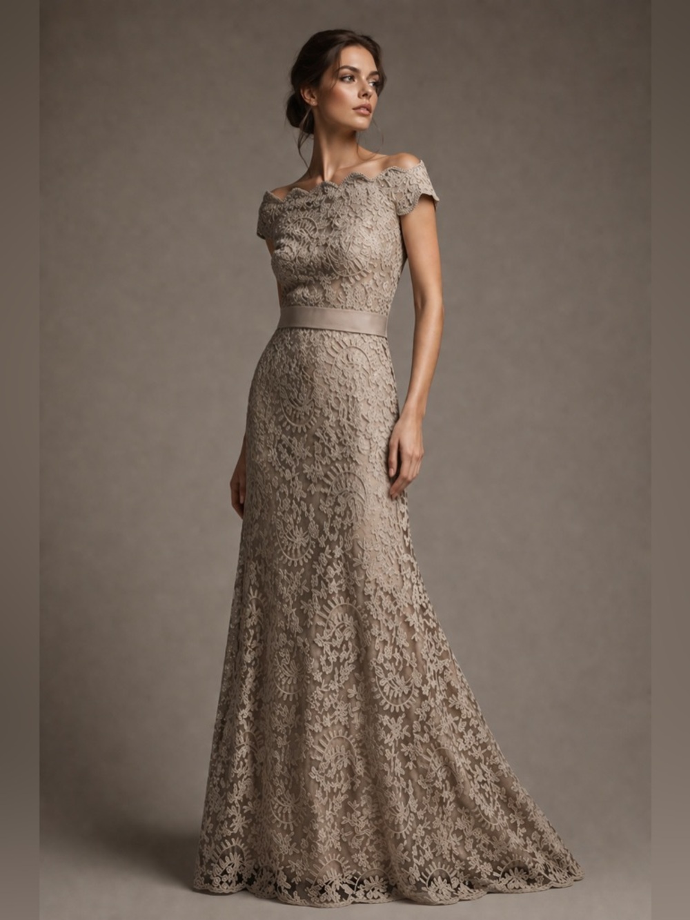 Tadashi Shoji Lace Off-Shoulder Maxi Dress in Taupe Wedding Formal Guest Size 4